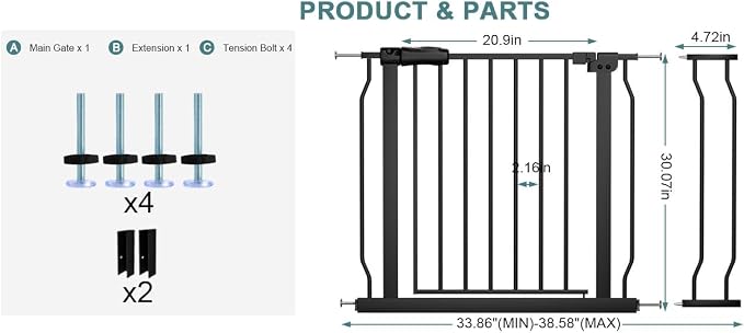 Extra Wide Baby Gate Tension Indoor Safety Gates Black Metal Large Pressure Mounted Pet Gate Walk Through Long Safety Dog Gate for The House Doorways Stairs (33.86"-38.58"/86-98CM, Black)