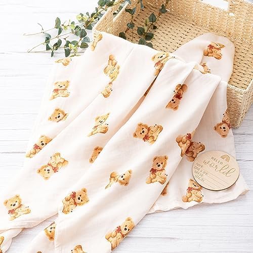 BabyWhale Muslin Swaddle Blankets for Boys & Girls Unisex, 2-Pack Viscose from Bamboo Cotton Large Baby Swaddle Blankets (47" x 47"), Bear & Checkered Coffee Pattern