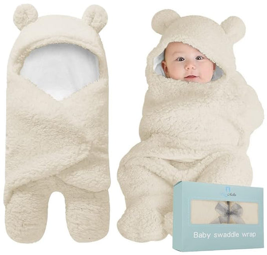 BlueMello Baby Swaddle Blanket | Ultra-Soft Plush Essential for Infants 0-6 Months | Receiving Swaddling Wrap Beige | Ideal Newborn Registry and Toddler Boy Accessories | Perfect Baby Girl Shower Gift