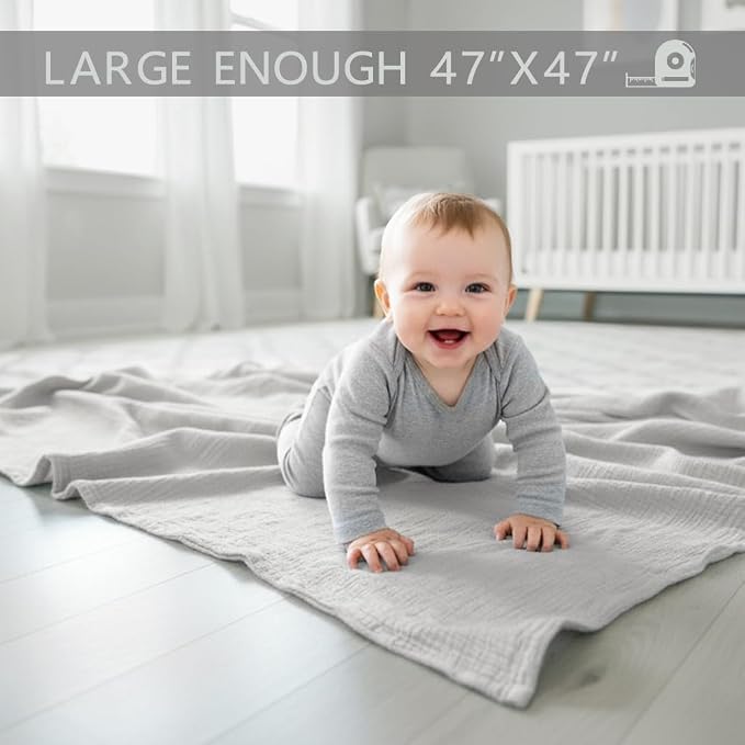Muslin Swaddle Blankets for Baby Boy - 3 Pack 47x47 Inch Large Receiving Blankets, Soft Breathable Cotton Nursery Swaddles for Newborn, Infant & Todler (Gray, Cream White, White)