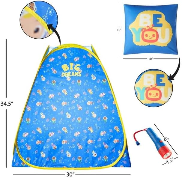 Cocomelon 3-Piece Slumber Set,Kids Indoor/Outdoor Pop Up Play Tent with UPF 30+ Protection, Pillow & Flashlight