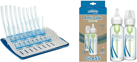 Dr. Brown's Folding Baby Bottle Drying Rack for Easy Storage, Dry Nipples, Pacifiers and Other Baby Essentials, BPA-free & Natural Flow Anti-Colic Options+ Narrow Glass Baby Bottle 8 oz/250 mL