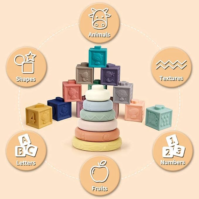 Mini Tudou Baby Blocks & Stacking Rings Toy Set, Baby Sensory Building & Teething Toys Educational Squeeze Play with Animals Shapes Textures Numbers, Holidays for Toddlers Babies 6m+