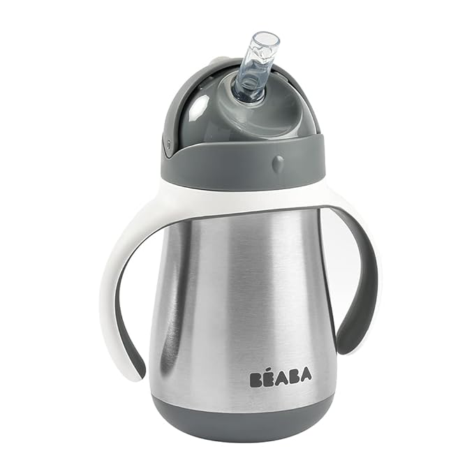 BEABA Stainless Steel Straw Sippy Cup, Insulated Toddler Cups Spill Proof with Removable Handles, Made with High Grade Stainless Steel, 8+ months, 8.5 oz, Charcoal