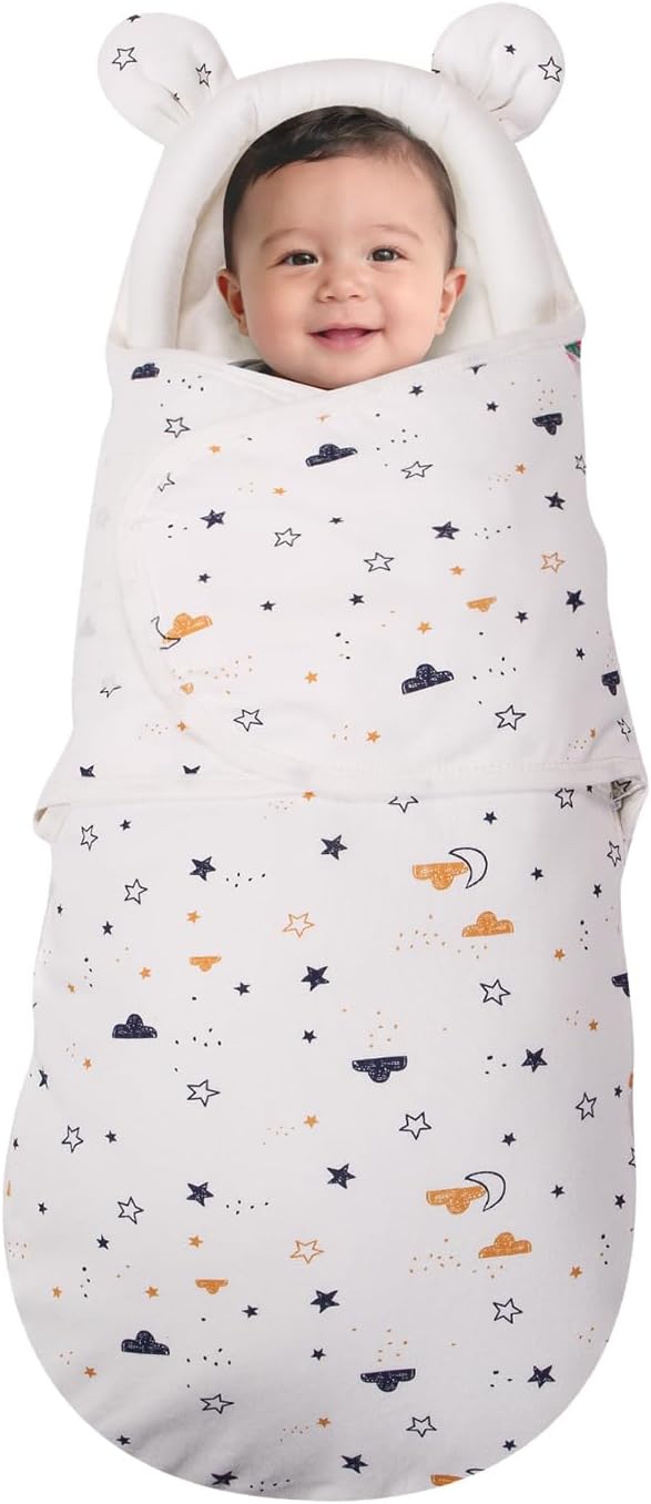 Newborn Baby Swaddle Blanket with Bear Ears, Soft Breathable Wrap for 0-6 Months, Easy Change Receiving Blanket, All-Season Nursery Gift, Moon and Stars Print