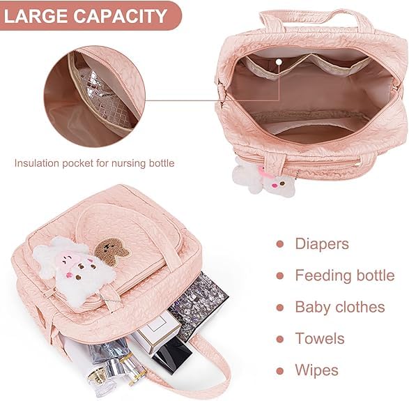 Lushandy Baby Diaper Bag Tote, Mom Bag Crossbody Diaper Bags Baby Travel Bags for Girl Pañaleras Para Bebe (Pink, Large)