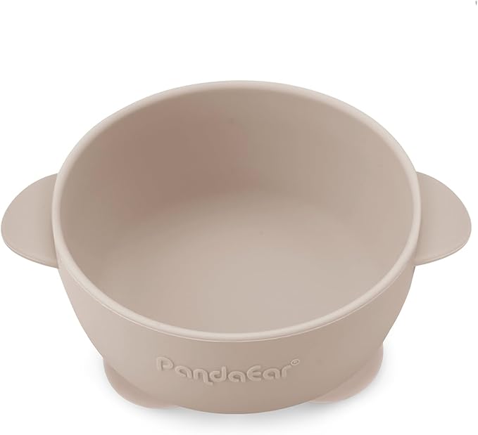 PandaEar 3 Pack Silicone Suction Baby Bowls & 3 Baby Feeding Spoons | Non-Slip Stay Put Bowls & Soft Silicone First Stage Spoons for Toddlers, BPA-Free Baby Led Weaning Set (Linen Brown Tan)