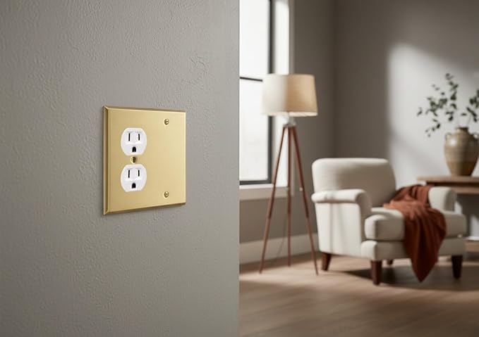 Rio Salto Metal 2-Gang Gold Outlet Cover or Light Switch Cover Wall Plate, Blank Duplex Combination Corrosion Resistant Receptacle Wallplate 2 Gang Double STANDARD SIZE Brass (Blank Duplex Combo)