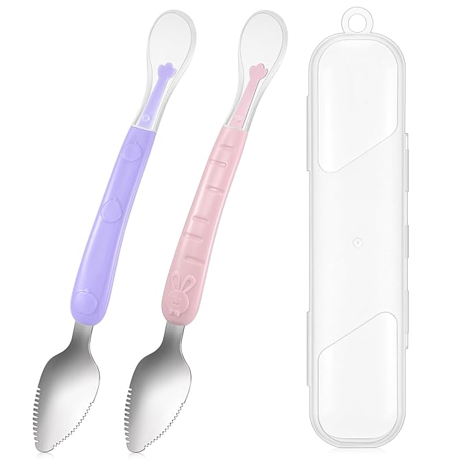 Lallisa 2 Pcs Double Head Baby Food Spoon Silicone Baby Fruit feeder Soft Feeding Food Scraper for Infants Fruit Mud Feeding (Purple and Pink)