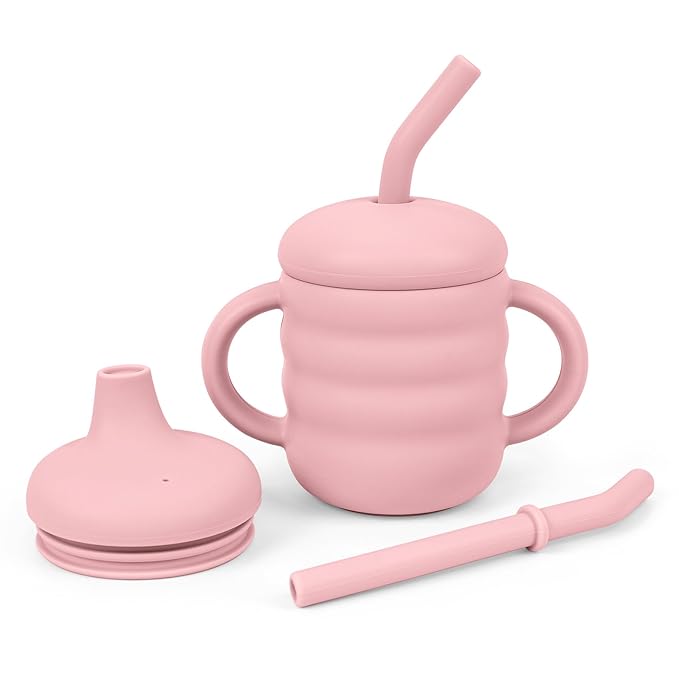 Vaanshie Silicone Baby Sippy Cups | Straw Cup Baby | Toddler Cup with Straw | 3 Stages Training Cup for Infants Toddlers and Kid, 5.4 oz (Pink)