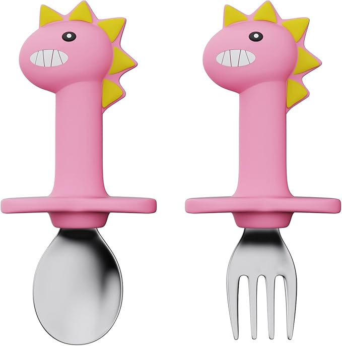 Baby Forks and Spoons Set Baby Training Utensils Self Feeding Toddler Silverware Silicone and Stainless Steel Kids and Toddler Utensil (Pink Dinosaur - Short)