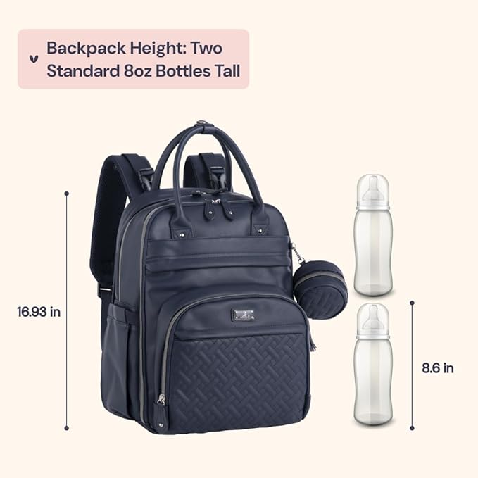 BabbleRoo Leather Diaper Bag Backpack - Baby Essentials Travel Baby Bag, Multi function, with Changing Pad, Stroller Straps & Pacifier Case ??Unisex, Midnight Blue