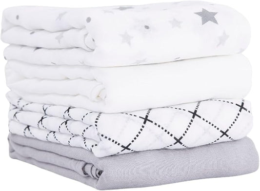 Muslin Swaddle Blankets for Baby Boys and Girls, 4-Pack Breathable and Skin-Friendly Receiving Blanket Wrap, Baby Essentials, Registry & Gift, 47 x 47 inches (Monochrome Doodles)
