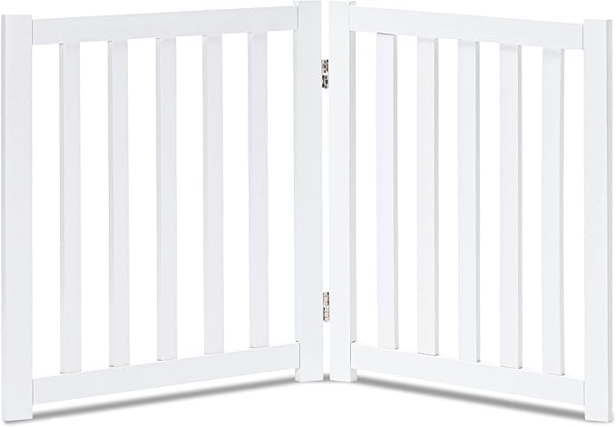 LZRS 2-Panel Wooden Free Standing Foldable Dog Gate Indoor – Solid Hardwood 24" High, Step-Over Safety Pet Gate for Doorways, Stairs & Small Spaces - Indoor Use, White