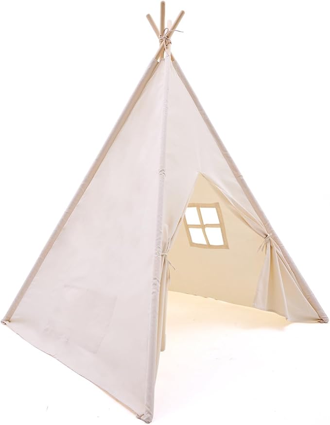 Kids Play Teepee Tent with Carry Bag 43 x 43 x 63 Inch, Natural Cotton Canvas + Pine Wood Frame