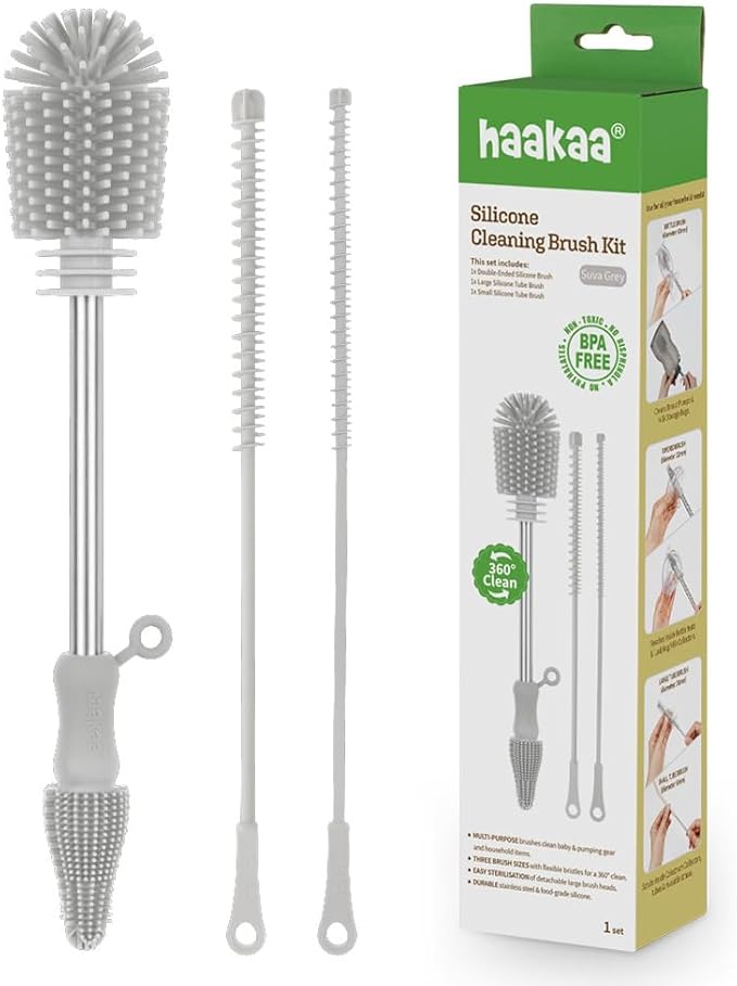 Haakaa Silicone Cleaning Brush Kit ??Household Cleaning Brushes for Bottles and Crevices ??Food-Grade Silicone: Dishwasher Safe (Kit-Grey)
