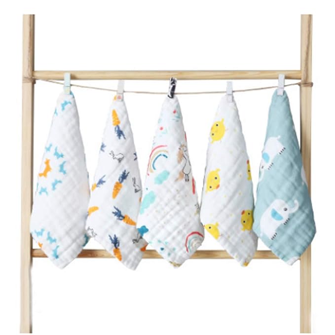 6 Layers of Baby Washcloths Natural Muslin Cotton with Cartoon Printed Design, Newborn Baby Face Towel Perfect Gifts Set of 6, Extra Soft, Breathable, 10x10 Inches (Colorful Elephant)