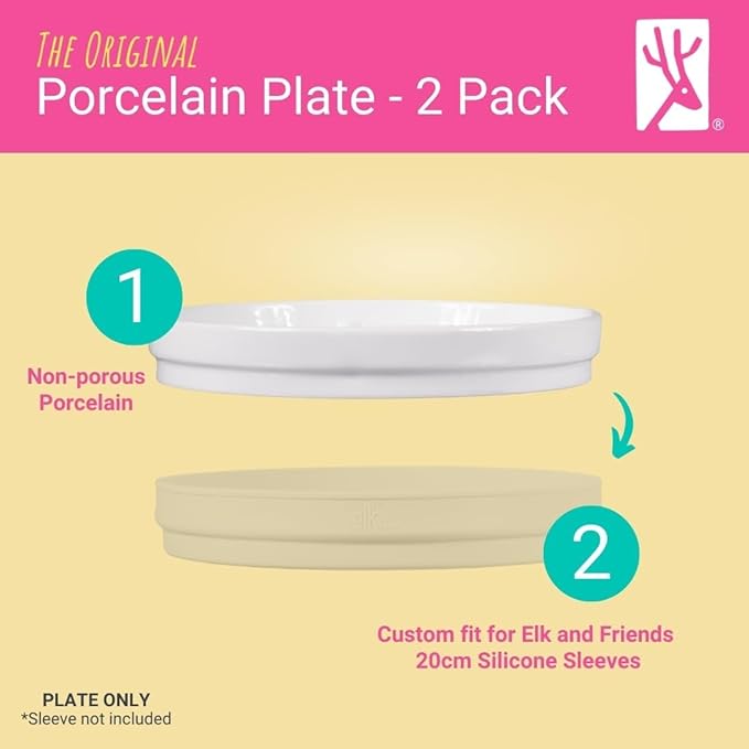 Elk and Friends Kids 7.8??Porcelain White Plates | Divided Plates | Suitable for Kids/Toddlers | Microwave & Dishwasher Safe | Non Slip | Snack Dishes | 2 Pack