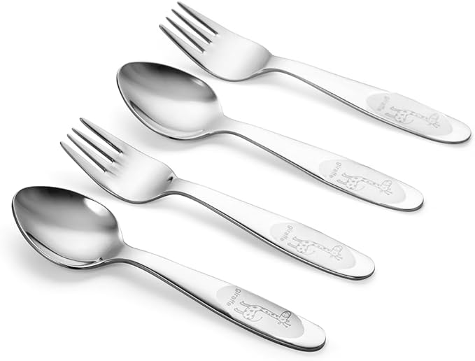 4-Piece Kids Utensils Set - Stainless Steel Training Forks & Spoons with Rounded Edges | Self-Feeding Kid Tableware Set for 2+ Years and Preschoolers | Dishwasher Safe
