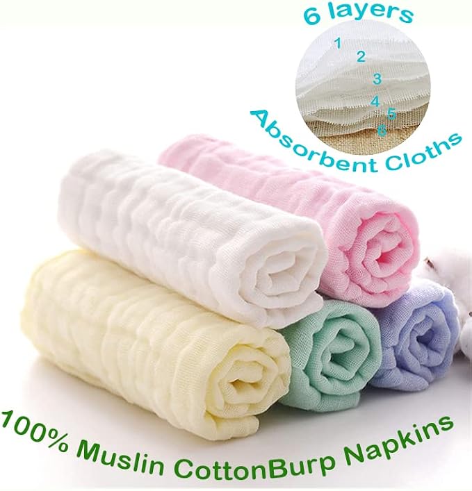 Muslin Baby Burp Cloths, 100% Muslin Cotton Burp Napkins for Newborn Girls and Boys, Absorbent Soft Muslin Baby Burping Rags 10' by 20', 6 Layers Infant Feeding Wipes (Multicolored, Pack of 5).