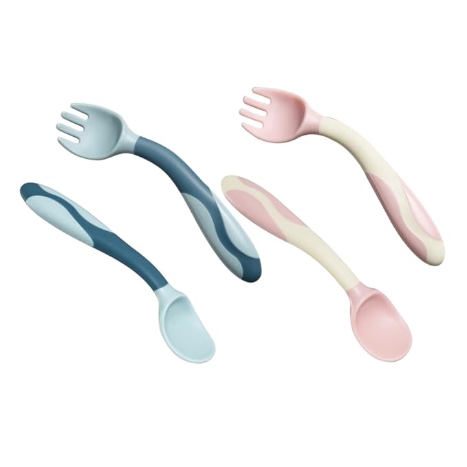 Ciieeo 2 Sets Bendable Silicone Spoon and Fork Food Grade Flexible Feeding Utensils for Safe Soft Tableware Weaning and Dining
