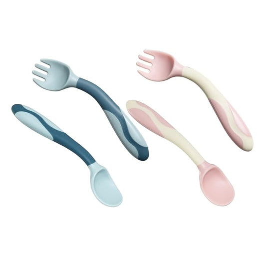 Ciieeo 2 Sets Bendable Silicone Spoon and Fork Food Grade Flexible Feeding Utensils for Safe Soft Tableware Weaning and Dining