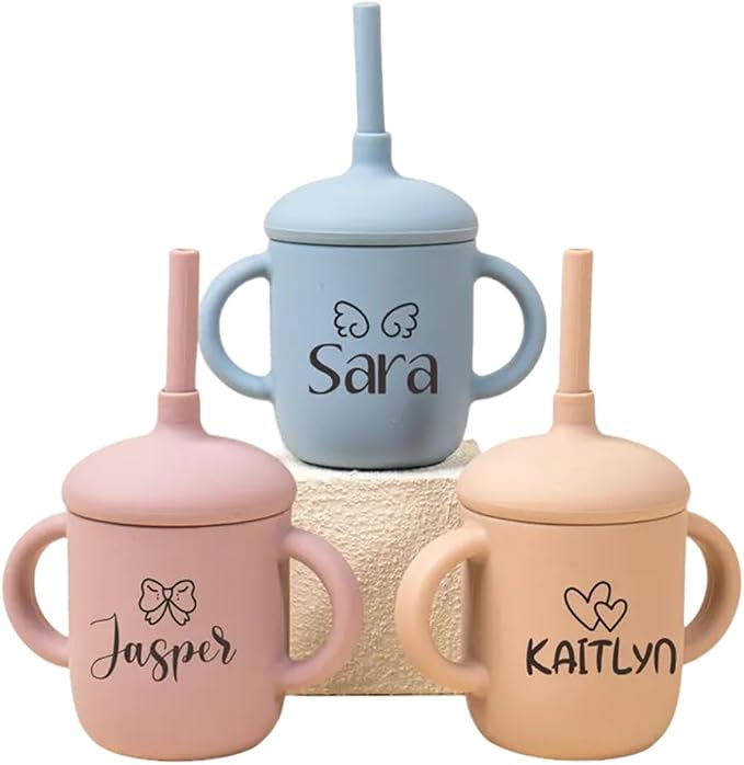 Custom Baby Sippy Cup with Engraved Name,Personalized Silicone Baby Cup with Handle,Newborn & Christmas Gift