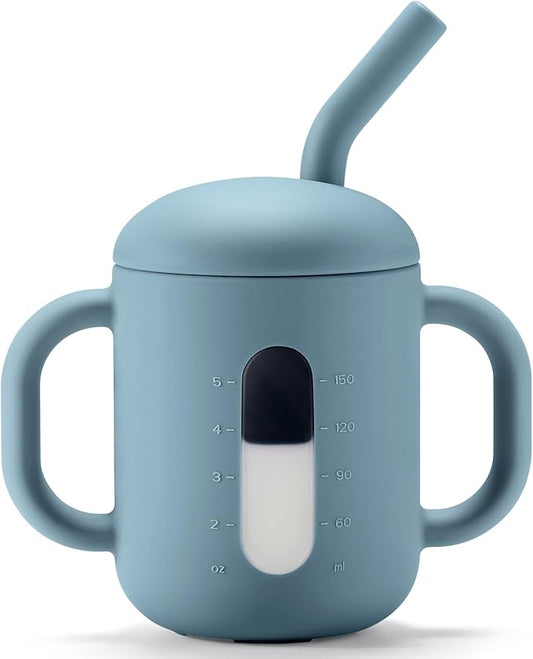CLYMENE Silicone Training Cup with Straw & Handles | Baby Sippy Cup | Water Drinking Cup for Infants and Toddlers 6 Months+, 6 oz, Misty Blue