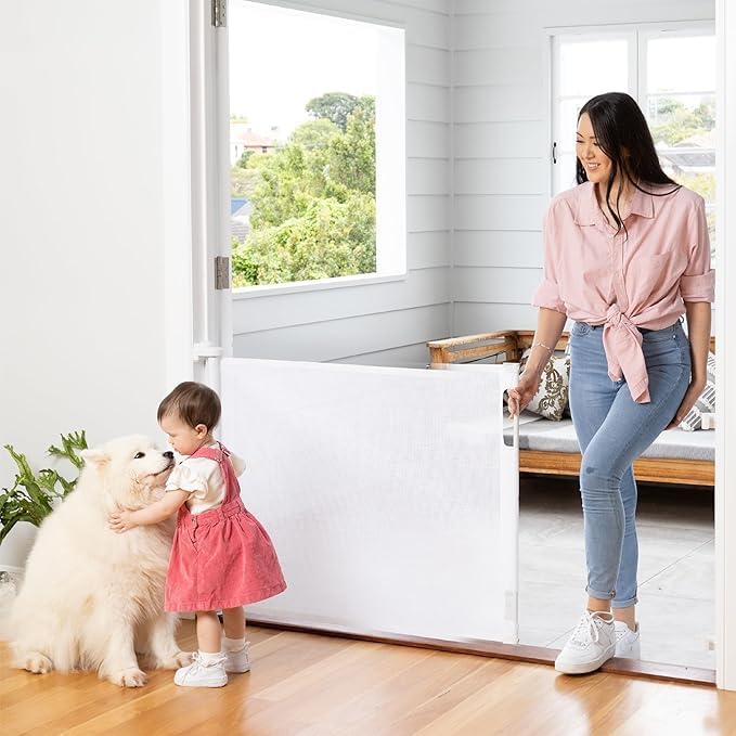 Retractable Baby Gate Perma Child Safety 33" Tall x 71??Wide, Mesh, for Stairs, Doorways, Dogs, Pets, Indoor, Outdoor, One-Handed Operation, Locking, Easy Install, Hardware Mount, White
