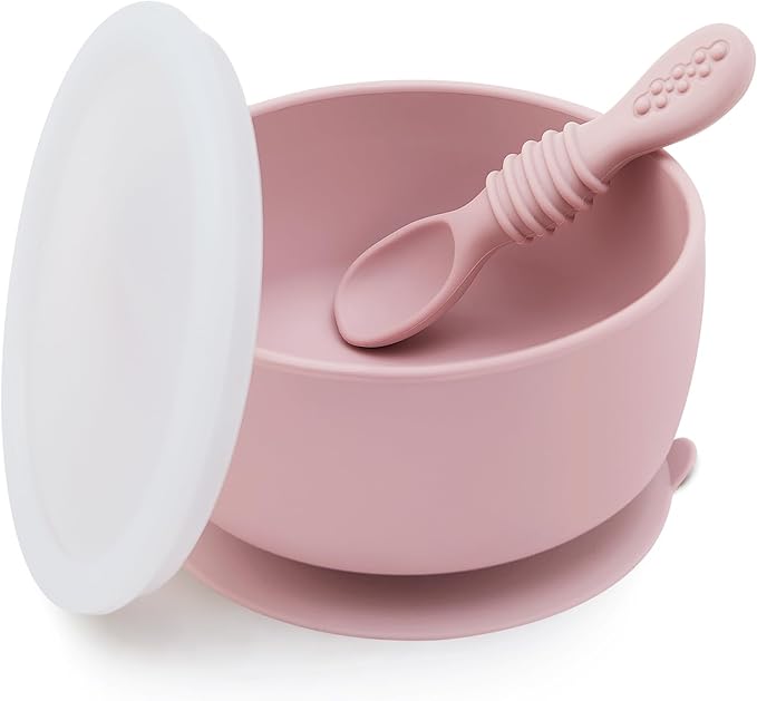 SAMiGO Silicone Baby Bowl and Spoon Set with Suction and Lid, First Stage Self Feeding Essentials, Food Bowl for 6+ Months