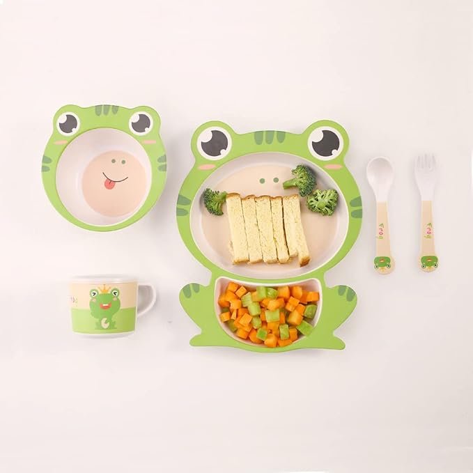 Kids Dinnerware Set Bamboo 5 Pcs with Plate Bowl Cup Fork Spoon (Frog)