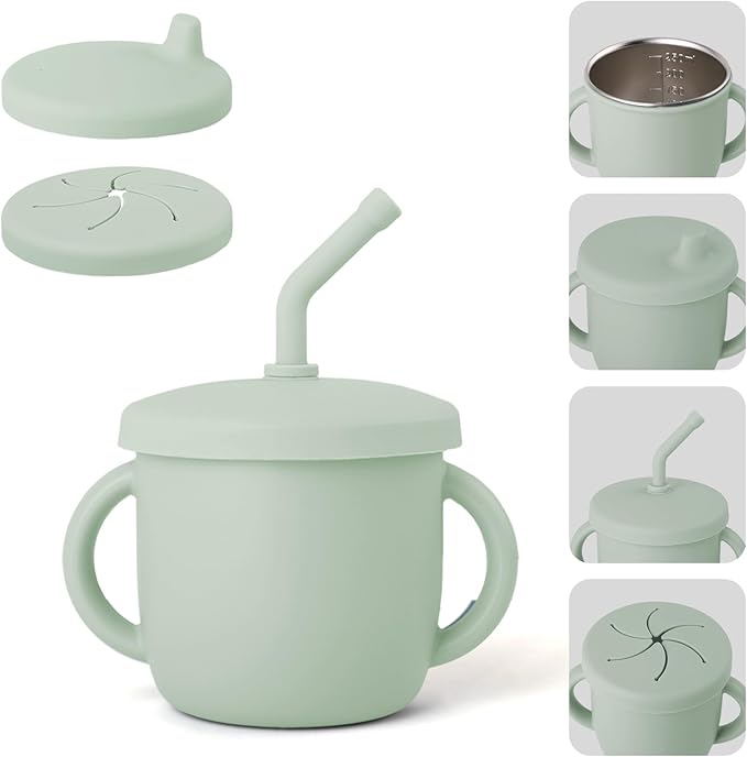 Bakpoco 4-in-1 Stainless Steel Silicone Sippy Cup, 8.5oz Toddler Open Cup with Straw, Sippy & Snack Lids, For Baby Led Weaning, Toddlers 1-3 Years Trainning Kids Drinking, Dishwasher Safe, Sage