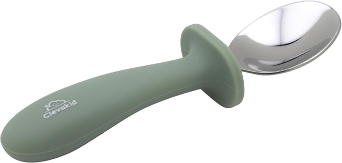Toddler Stainless Steel Spoon & Fork Set, Non-Slip Silicone Handle, BPA-Free, Self-Feeding (Green Olive)
