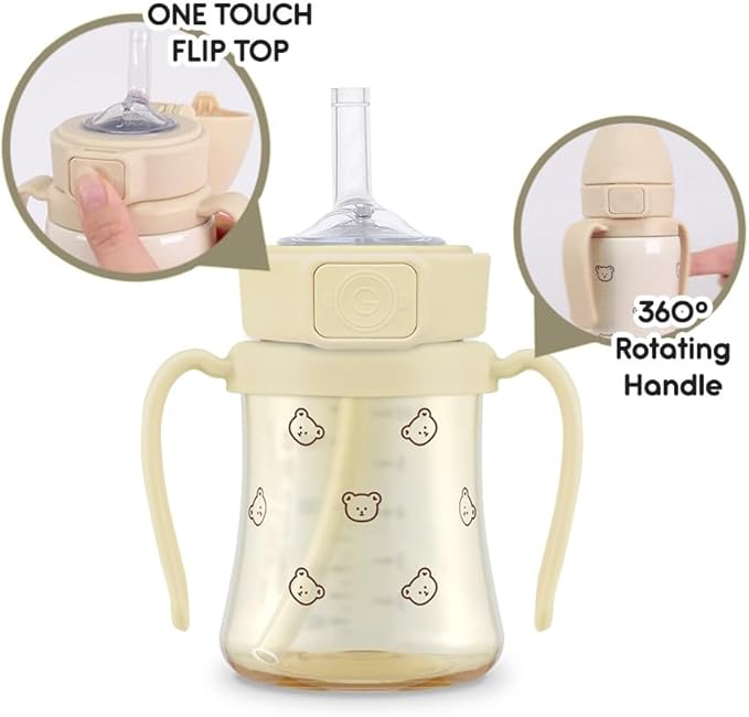 GROSMIMI Flip Top Spill Proof Sippy Cup, PPSU, BPA Free, 6 oz, Stage 2 Straw for Toddlers (Bear)