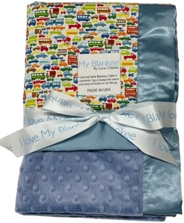 My Blankee Mini Cars Pima Cotton with Periwinkle Minky Dot Baby Blanket