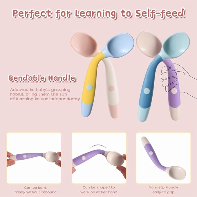 Toddler Spoons, Bendable Training Baby Utensils Spoons and Forks Set for Self Feeding, Easy Grip & Dishwasher Safe Infant Utensils for Babies 6-12 Months (4 Pack)
