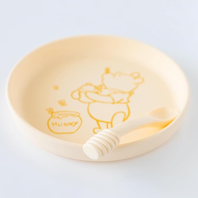Bumkins Disney Baby and Toddler Plate and Spoon Set, Silicone Dish for Babies and Kids, Baby Led Weaning, Children Feeding Supplies, Microwave Safe, Platinum Silicone, Ages 6 Months, Winnie the Pooh