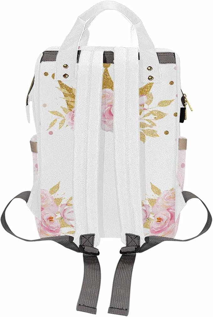 InterestPrint Personalized Backpack with Name, Golden Crown Flower Custom Diaper Bag Mommy Nappy Bag Fashion Shoulder Bag Casual Daypack Multi-Function Bag for Travel