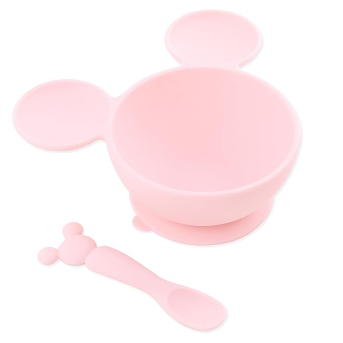 Bumkins Disney Baby Bowl, Silicone Feeding Set with Suction for Baby and Toddler, Includes Spoon and Lid, Essentials for Baby Led Weaning,for Babies 4 Months, Minnie Mouse Light Pink