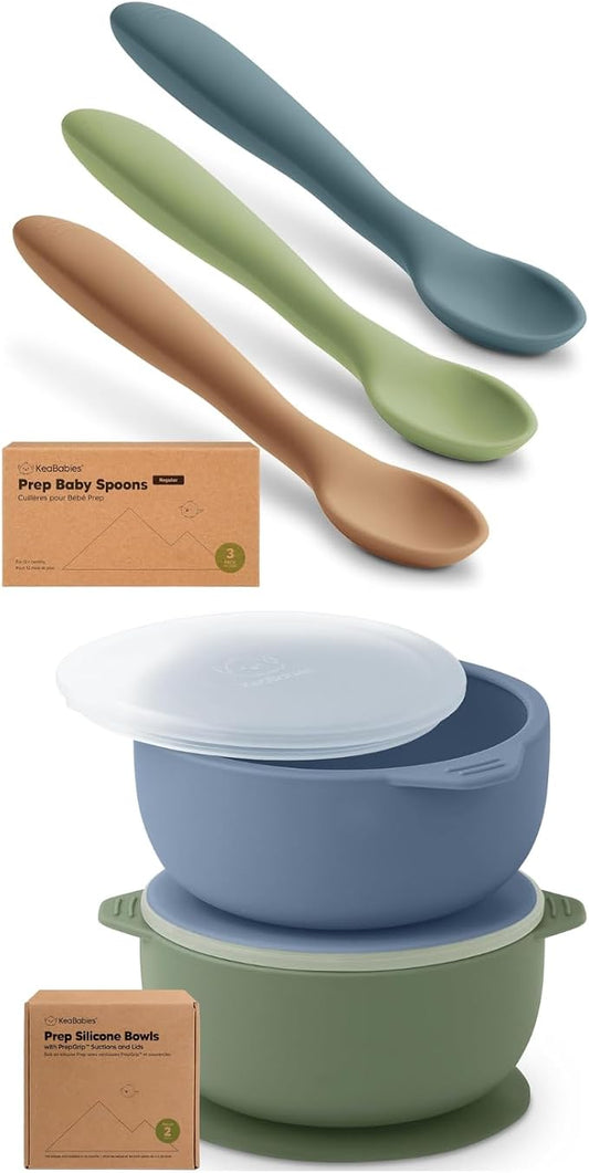 KeaBabies 3-Pack Silicone Baby Spoons and 2-Pack Baby Bowls with Suctions, Lids - Toddler First Food Training Spoon - Silicone Suction Bowls for Boy, Girl