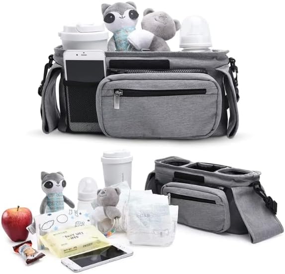 Universal Stroller Organizer with Insulated Cup Holder, Detachable Phone Bag, Shoulder Strap ??Fits All Stroller Types, Keeps Drinks Hot/Cold (Grey)
