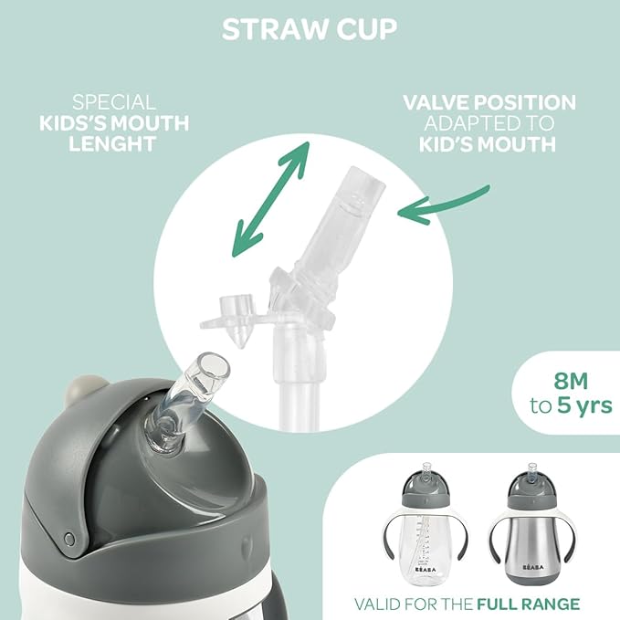 Beaba Straw Sippy Cup, Toddler Baby Straw Cup with Removable Handles, Leak and Spill Proof, BPA Phthalate Free, 8+ Months, 10 oz, Charoal