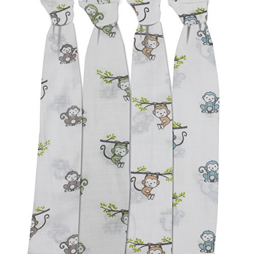 Bacati - Happy Monkeys Muslin Swaddling Blankets Set of 4 (Boys- Blue/Green/Grey/Biege)