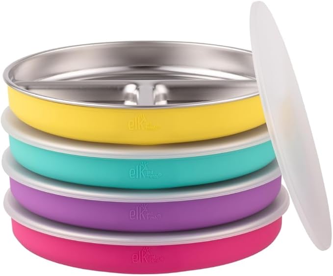Stainless Steel Divided Plates + Silicone Sleeve and Storage Lid | Baby, Toddler, Kids | Dinner & Snack Plates | 4 Pack