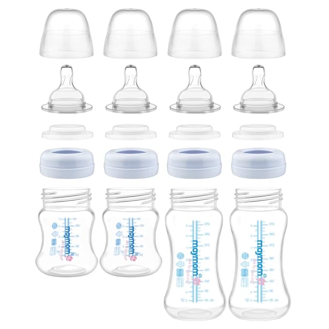 Maymom Wide-Mouth Milk Storage Collection Feeding Bottle with Nipple, Dome Cap, Bottle Top, SureSeal Disk; Compatible with Spectra/Luna Pumps; 4.7oz/140mL, 2pc & 9oz/280mL, 2pc