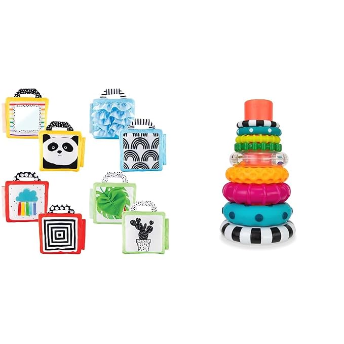 Sassy Reversible Soft Sensory Activity Panels, 4Count, Ages 0+ & Stacks of Circles Stacking Ring STEM Learning Toy, Age 6+ Months, Multi, 9 Piece Set