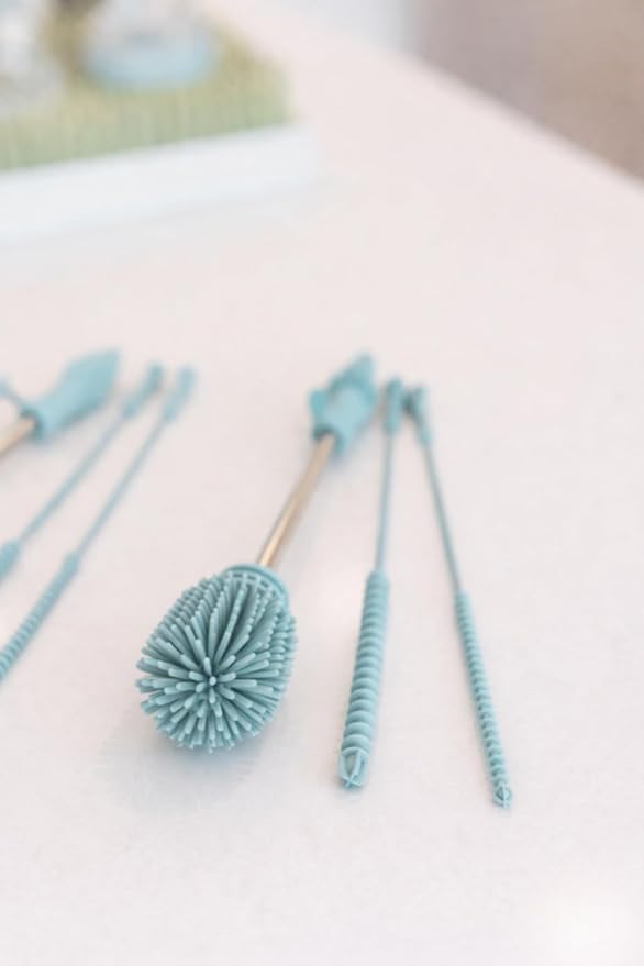 Haakaa Silicone Cleaning Brush Kit ??Household Cleaning Brushes for Bottles and Crevices ??Food-Grade Silicone: Dishwasher Safe (Kit-Mist Blue)