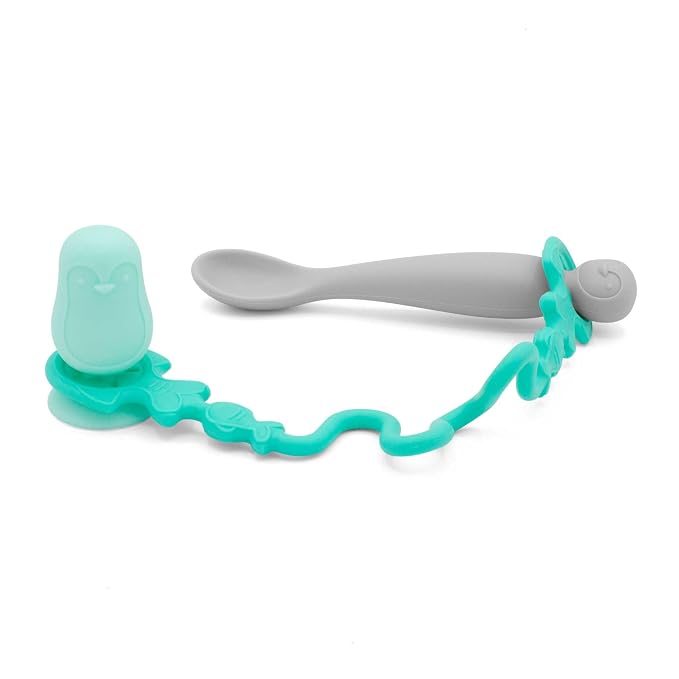 • Easy Learn Baby Spoon & Tether Set • Baby Spoon with Tether for Babies and Toddlers • Keeps Spoon Off Floor • Ages 6 mo+ • Dishwasher Safe (Penguin, Sea Foam)