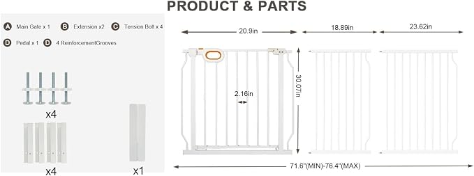 Baby Gates Extra Wide for Doorways 71.6-76.4 Inch Extra Wide Pressure Mounted Baby Dog Gate for the House Indoor Large Openning Metal Safety Gate No Drilling with Walk-Through Door,White