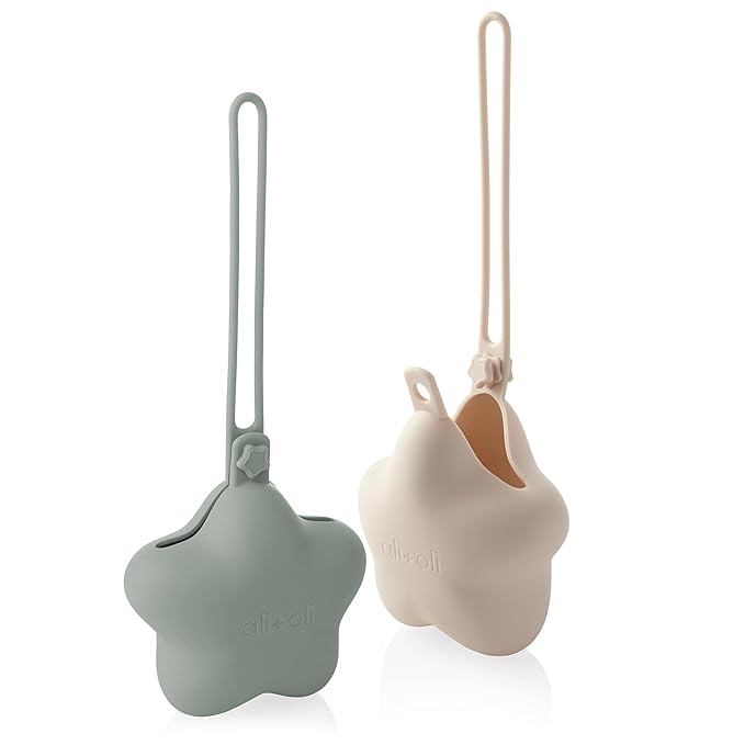 Ali+Oli BPA-Free Silicone Pacifier Holder Case (2-pk) Diaper Bag Accessory Newborn Travel Baby Pacifier Pouch (Sage-Sand)
